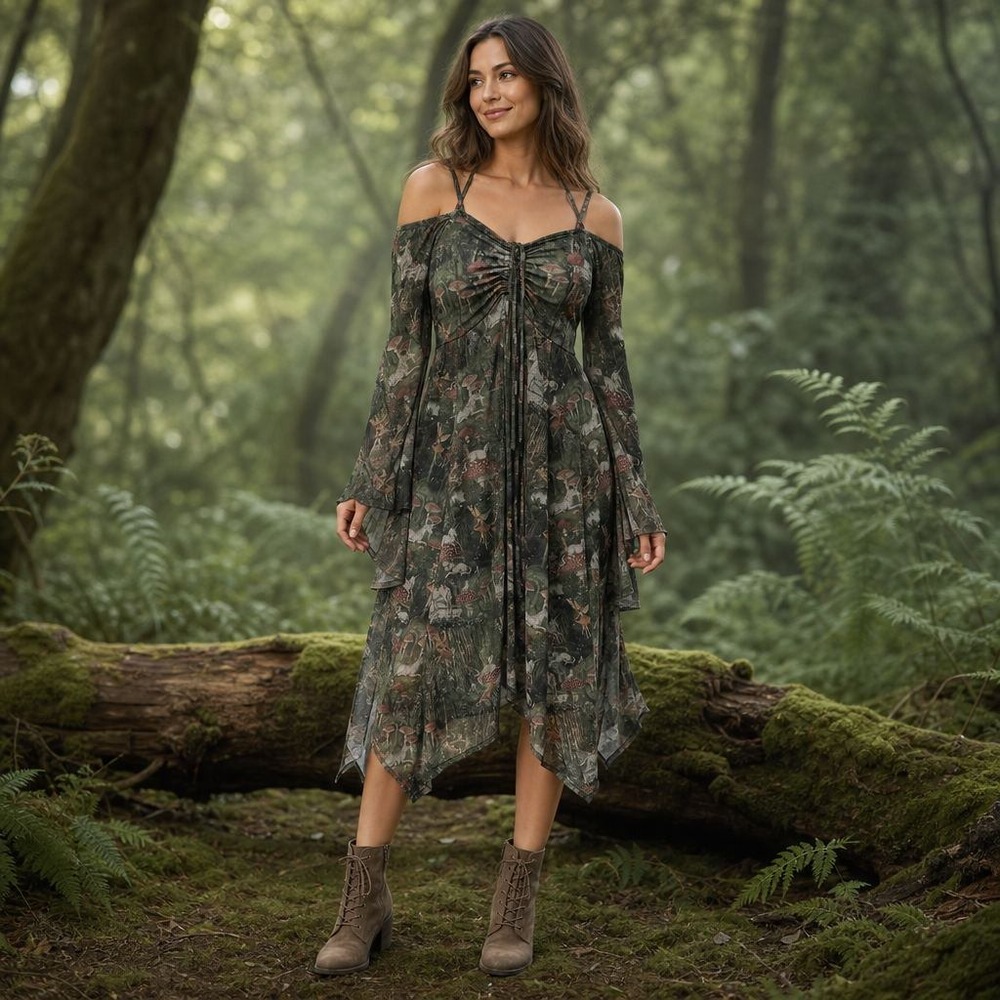Thorn & Fable Dress Women M Green Mushroom Fairy Cold Shoulder Whimsigoth Midi